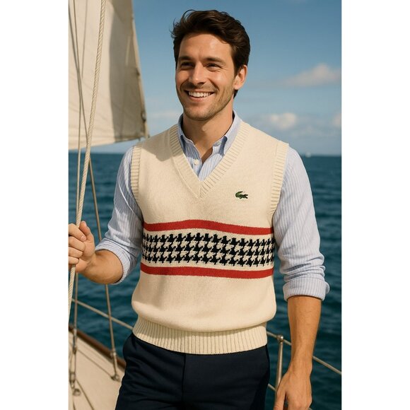 Vintage Lacoste Tight-Knit Vest Houndstooth Men Medium Preppy Academia Nautical - Picture 1 of 6